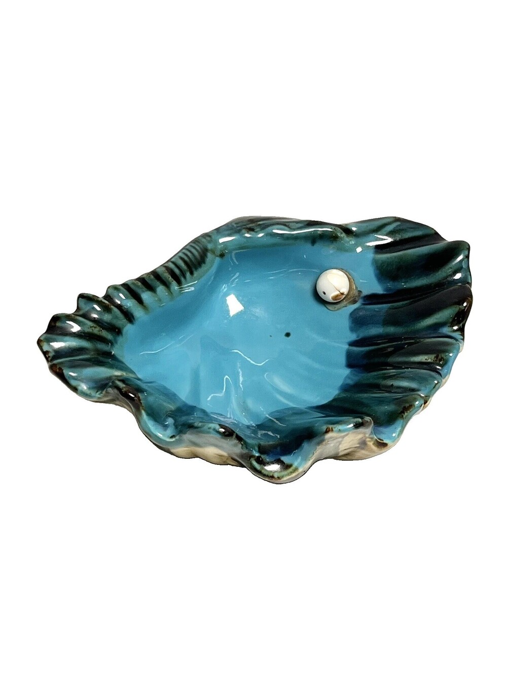 Vintage Majolica Teal Green Shell Pearl Dish Barbatine Glaze 6" No Chips